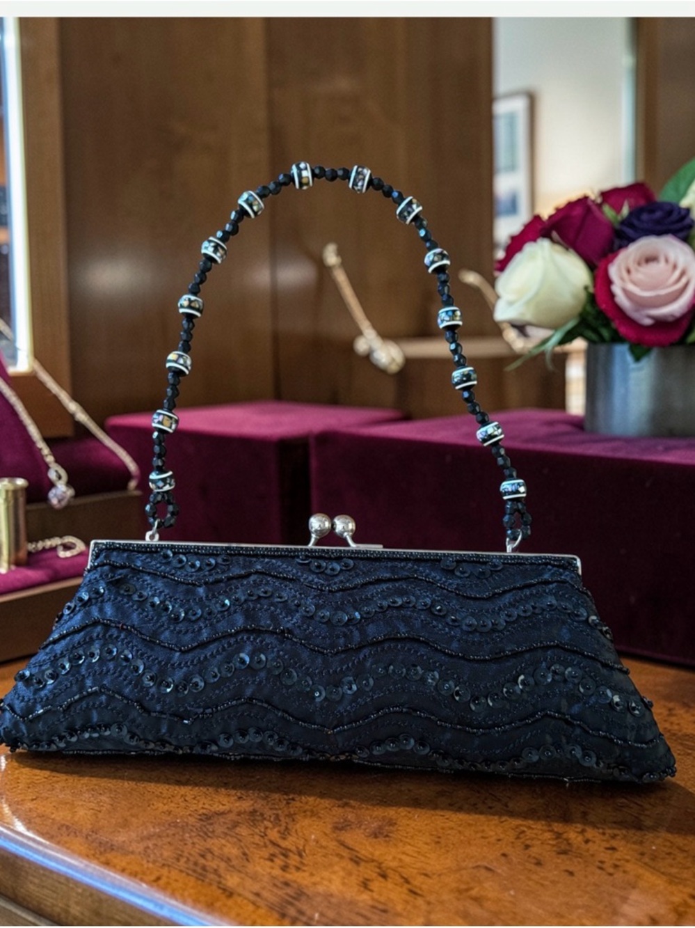 Black Beaded Evening Clutch with Decorative Handle